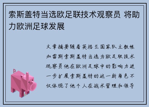 索斯盖特当选欧足联技术观察员 将助力欧洲足球发展 索斯盖特当选欧足联技术观察员 将助力欧洲足球发展